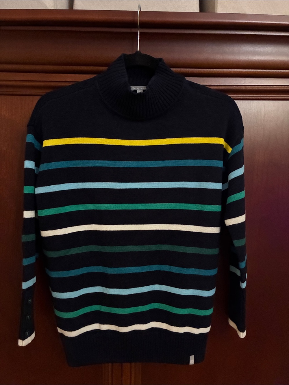 Talbots Womens Navy Striped Turtleneck Sweater - Blue/Green Accent